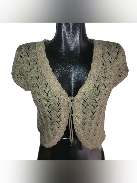 M.A.T. Tops - Vintage 90's Taupe-Olive Open Knit Tie-Front Short Sleeve Bolero Top Size M